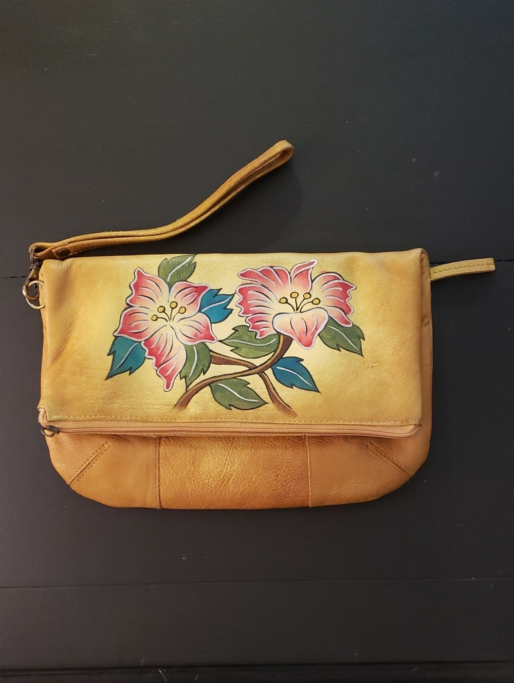 Anuschka Gold Leather Wristlet Clutch with Hand-Painted Pink Floral Design